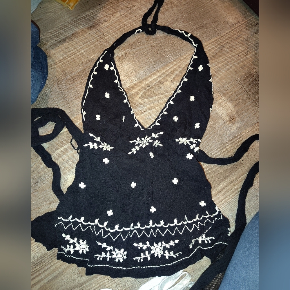 Black and White Embroidered Halter Top